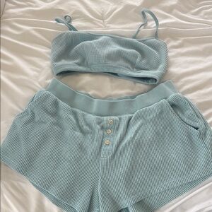 Auden Light Blue Waffle Knit Crop Bralette & Lounge Shorts Set